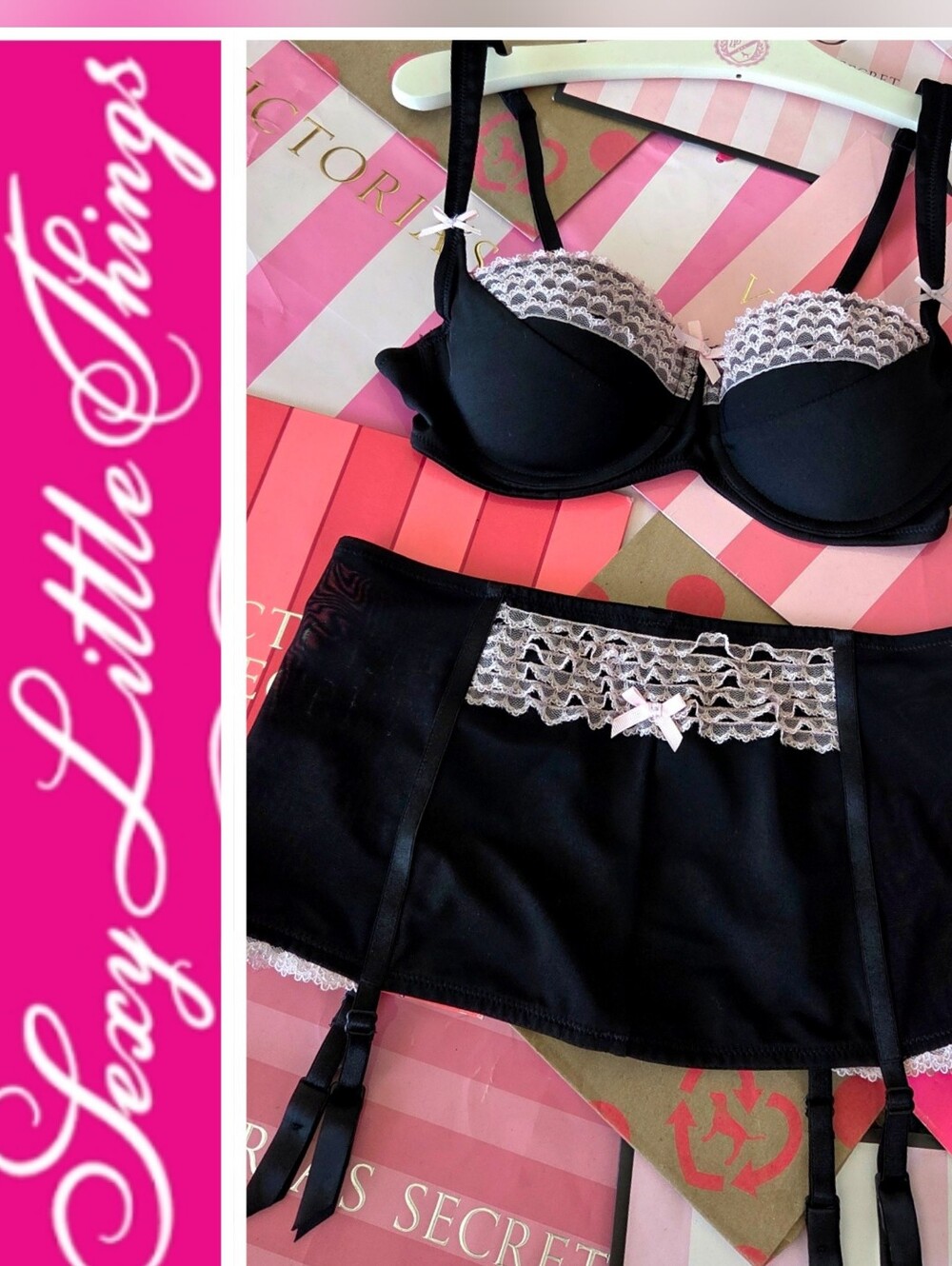 Victoria's Secret VTG Sexy Little Things  Ruffle Bows Bra & Garter Skirt Set NWT